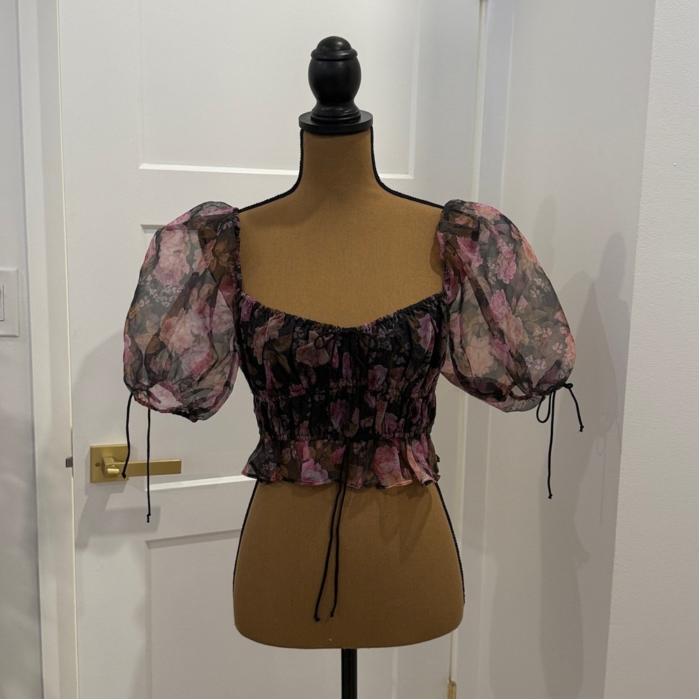 For Love & Lemons Floral Sheer Puff Sleeve Top